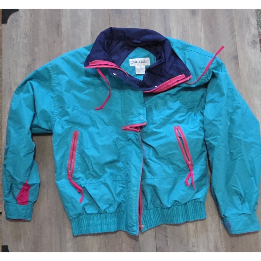 Cabin Creek Vtg 1980 Teal & Pink Double Zip Nylon Windbreaker Ski Jacket Women M